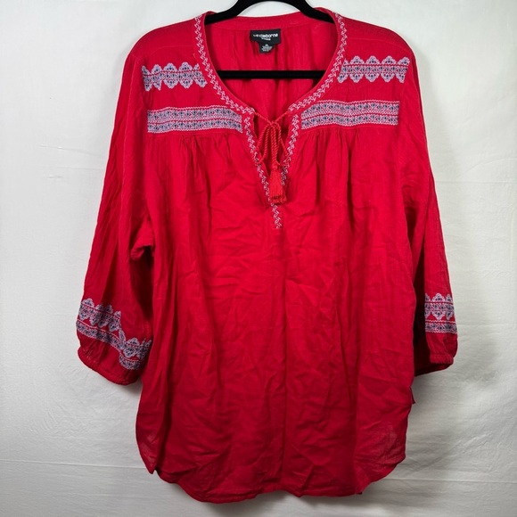 Liz Claiborne Red Tie Front Blouse with Embroidery Women’s Size 2X - Picture 1 of 6